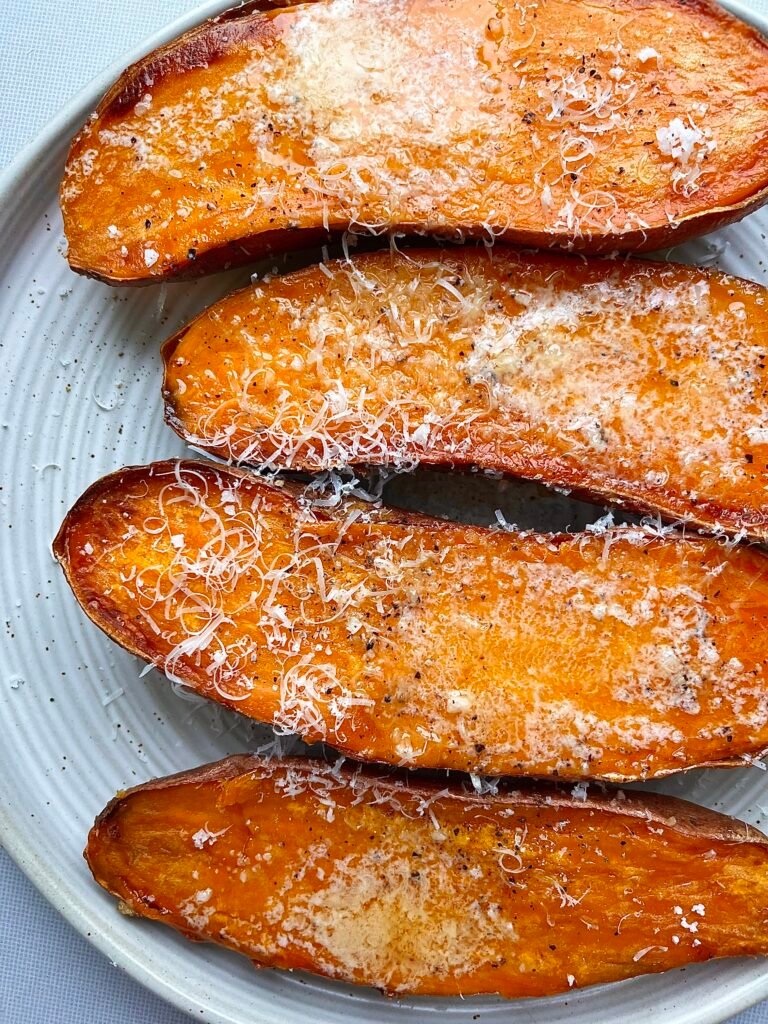 Roasted Sweet Potatoes with Butter and Shaved Parmesan Cheese